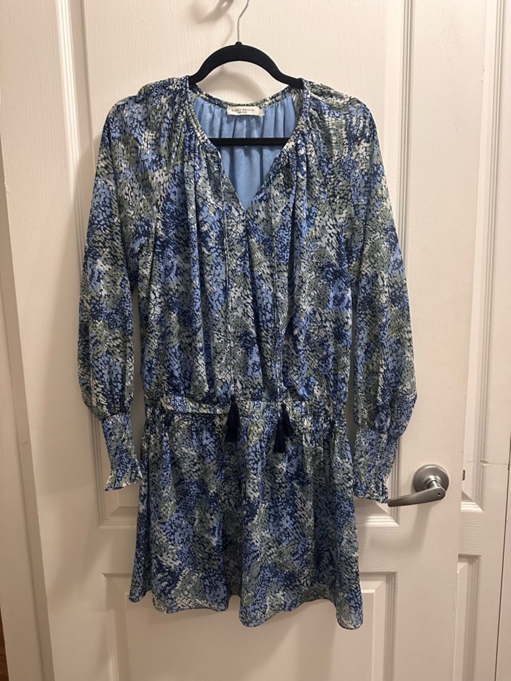 Ramy Brook Blue Printed Long Sleeve Tie-Waist Dress